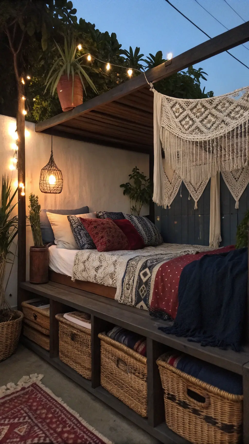Bohemian bed nook at dusk with elevated bed on dark wood risers, storage baskets, layered textiles, potted monstera, and warm Edison bulb lighting in emerald, burgundy, and navy tones