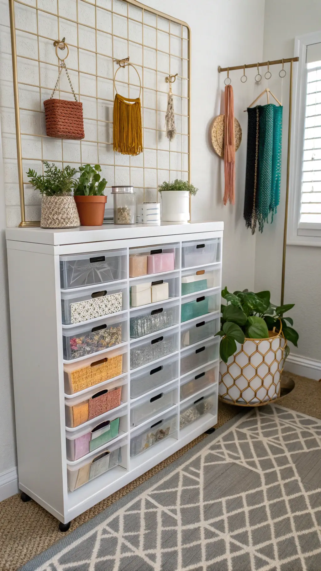Close-up detail of modern storage solutions with white metal grid wall organizer, hanging planters, color-coded contents in clear acrylic drawers and geometric carpet, accented with copper and brass elements in natural afternoon light.