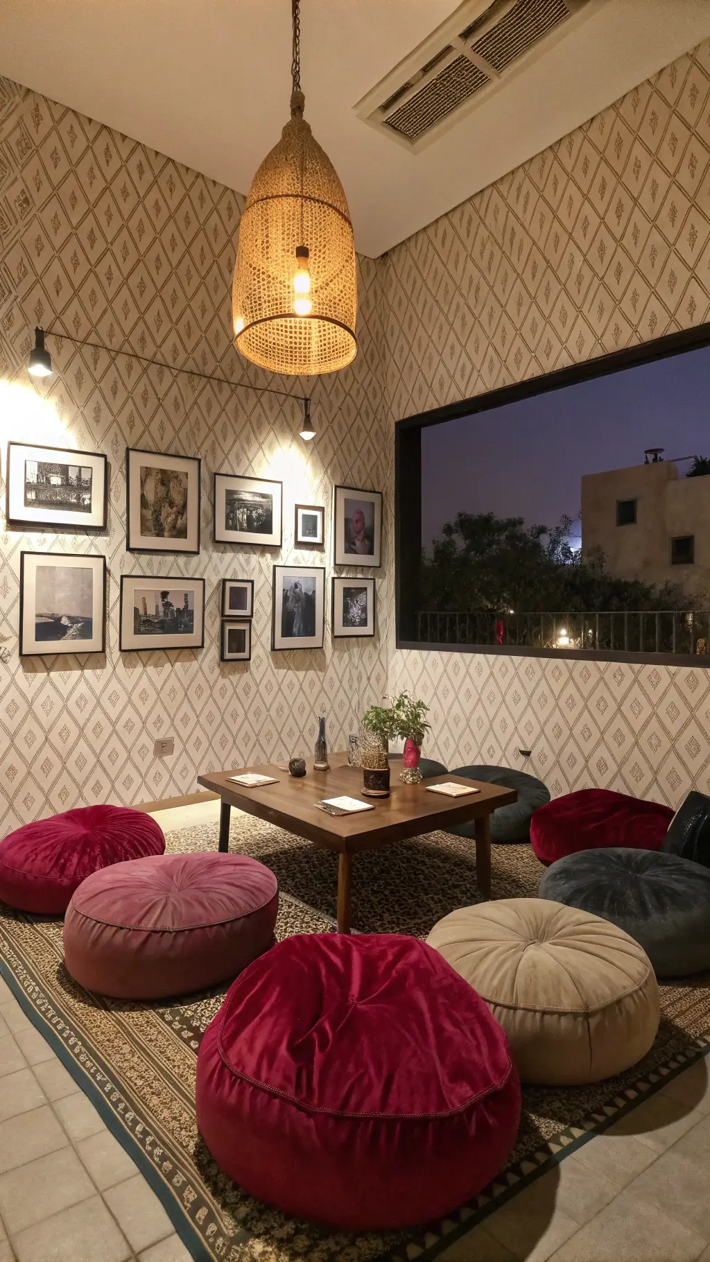 Study lounge at twilight with oversized floor cushions around a low-profile table, rattan pendant lamp, gallery wall of black and white photos and textured geometric wallpaper