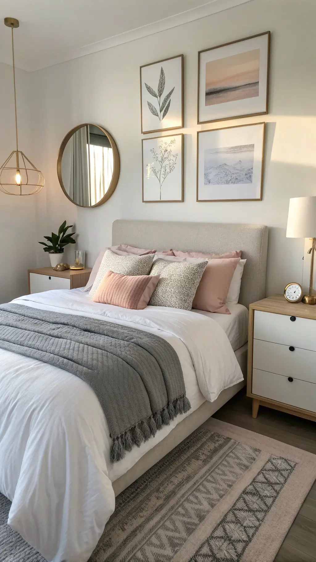 Scandinavian-inspired bedroom at sunrise with white bedding, gray and blush accents, minimalist art in brass frames, reflected morning light in round mirror, and pale wood nightstand with ceramic lamp
