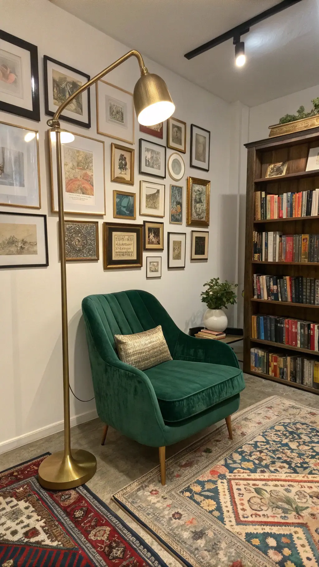 Eclectic corner with a gallery wall of vintage frames, emerald green velvet reading chair, brass floor lamp, layered patterned rugs, and bookshelf with color-coded books in artificial lighting.
