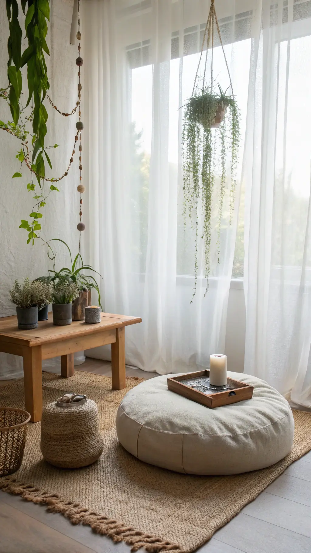 Meditation nook at noon with floor cushion, prayer beads, crystals on wooden table, white curtains, air plants and jute rug in a serene backlit composition