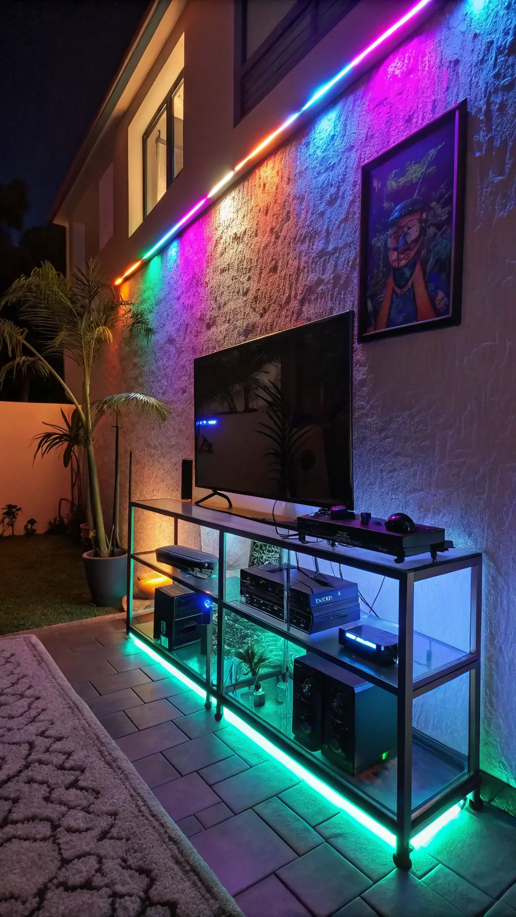 Nightview of a tech-savvy entertainment zone with LED strip lighting on textured wall, gaming setup, modern metal and glass media console, abstract neon accented art through a dynamic camera angle