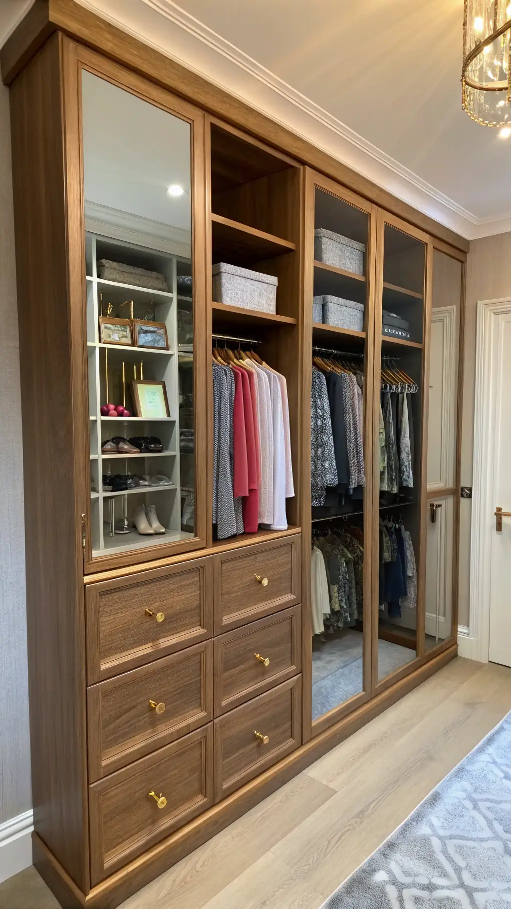 Custom wooden closet organization with color-coordinated wardrobe in clear storage, brass hardware, full-length mirror with hidden storage, and velvet hangers in morning light