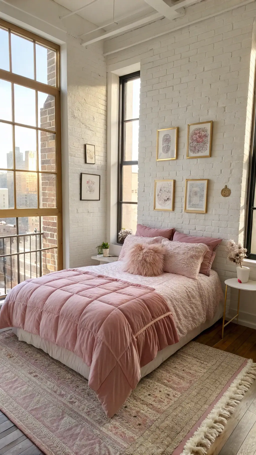 Cozy 12x14ft dorm room bathed in golden light, highlighting pink-toned bed and a gallery wall on white brick backdrop.