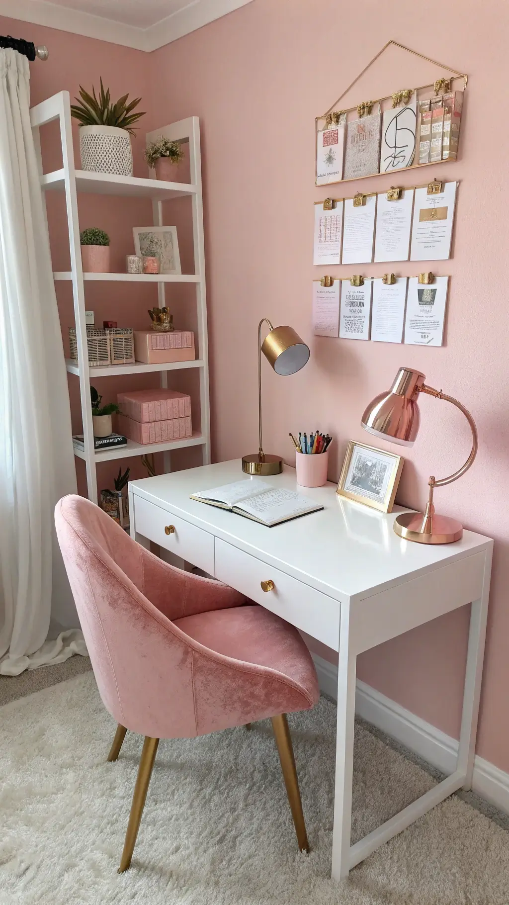 Cozy pink study nook with white desk, rose gold lamp, pink velvet chair, and matching organizers against blush pink walls in natural morning light