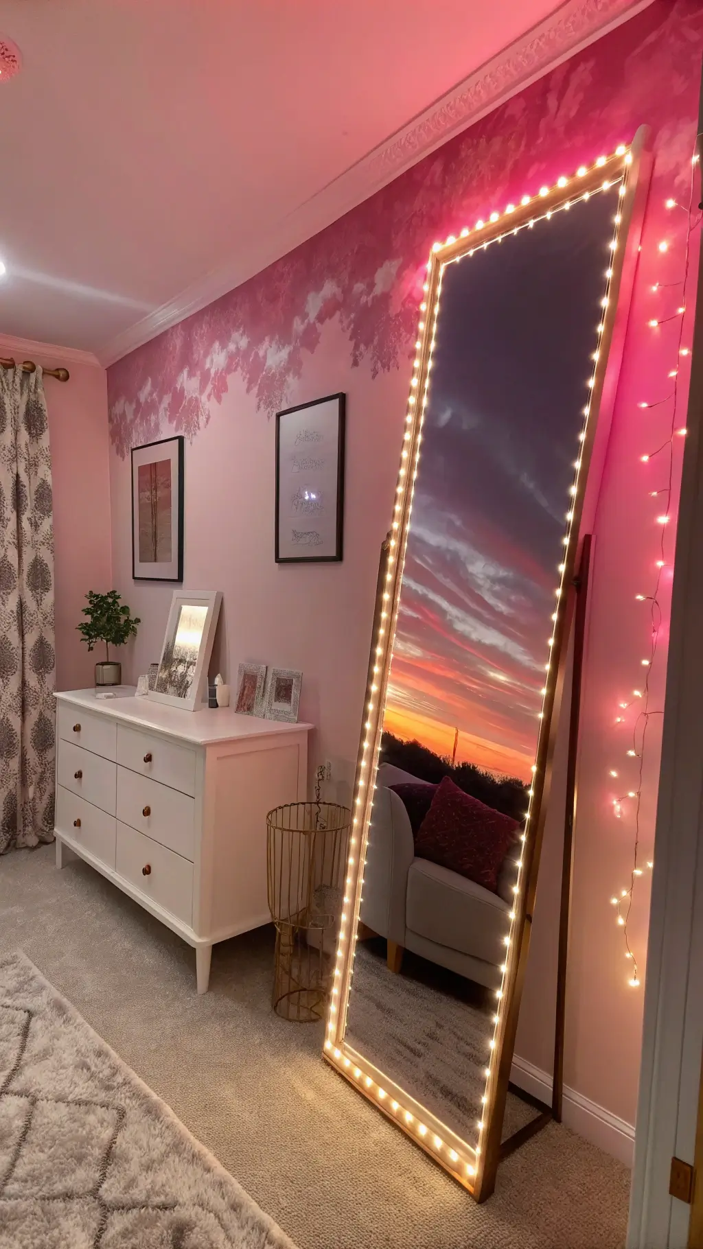 Dreamy Barbiecore themed room in evening with warm LED strip lighting on pink ombré wallpaper, white furniture, full-length mirror with rose gold frame reflecting fairy lights, photographed from an elevated corner angle.