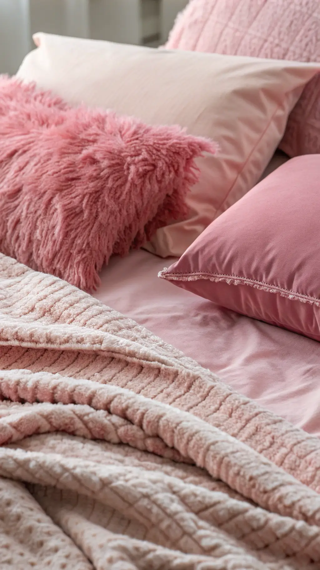 Close-up detail of pink bed styling with fuzzy throws, satin pillowcases, and chunky knit blankets under soft afternoon light