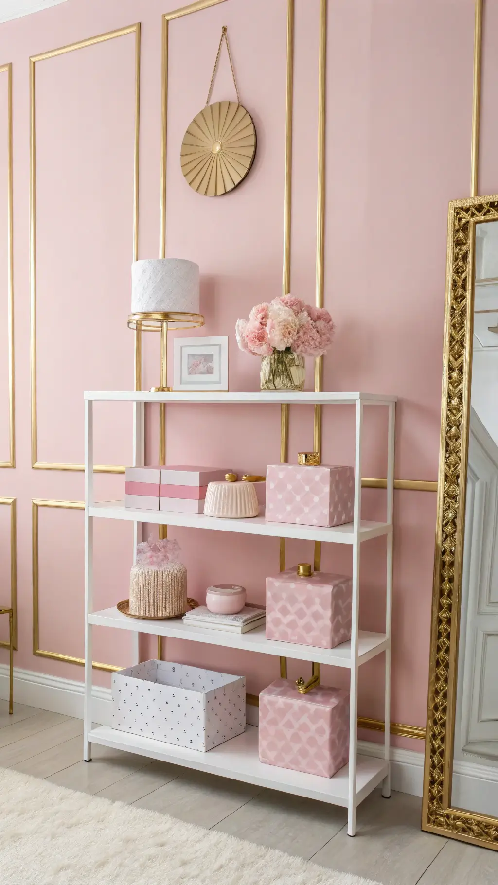 White modern furniture against pastel pink walls with gold accents, styled pink and white accessories on floating shelves, bathed in morning side lighting