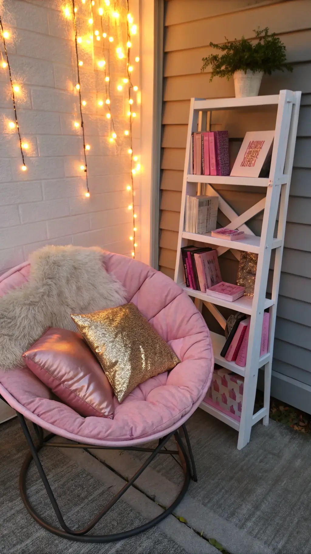 Cozy reading corner with blush pink papasan chair styled with faux fur throw and metallic pillows, under warm string lights by a white bookshelf with color-coordinated pink books in late afternoon lighting.