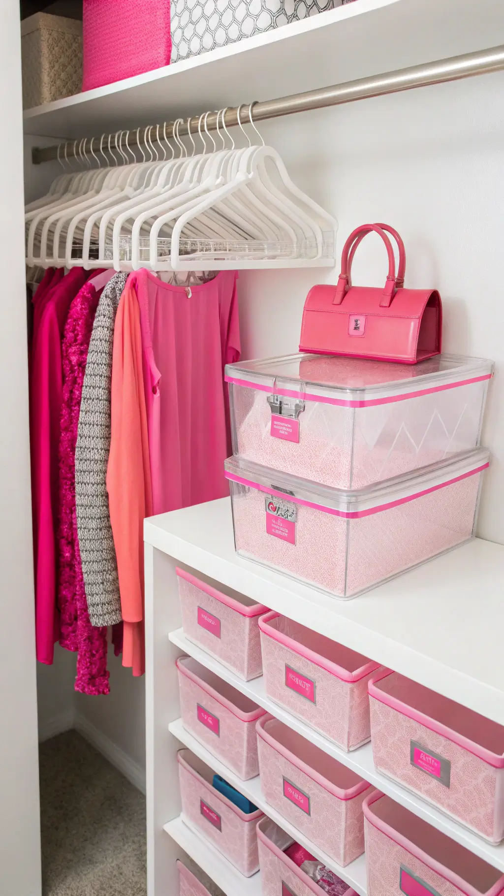 Organized white closet with pink velvet hangers, clear storage with pink accents, and coordinated boxes worth $30-50