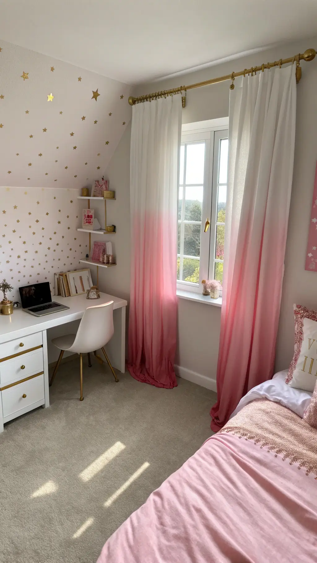 Elevated wide shot of a bedroom with study and sleep areas, featuring pink ombré curtains, white desk, pink bedding, and gold accents under natural light