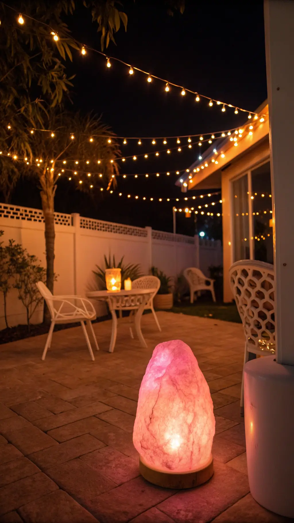 Magical evening atmosphere in a room with multiple lighting layers, pink salt lamp, fairy lights, and LED strips creating ambient glow, with white furniture silhouetted against warm pink lighting.