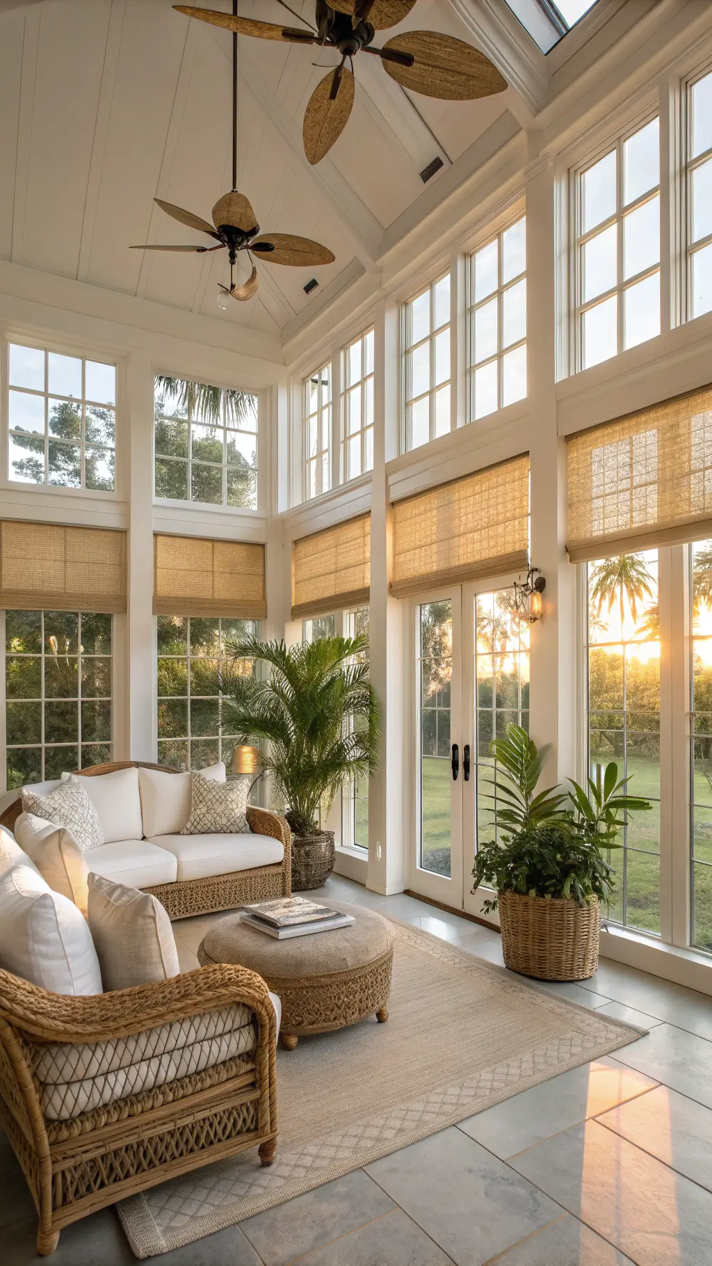 Sunroom during golden hour with Roman shade windows, rattan sofa, teak armchairs, paddle fans, and décor including potted palms, vintage glass floats, and white coral specimens.