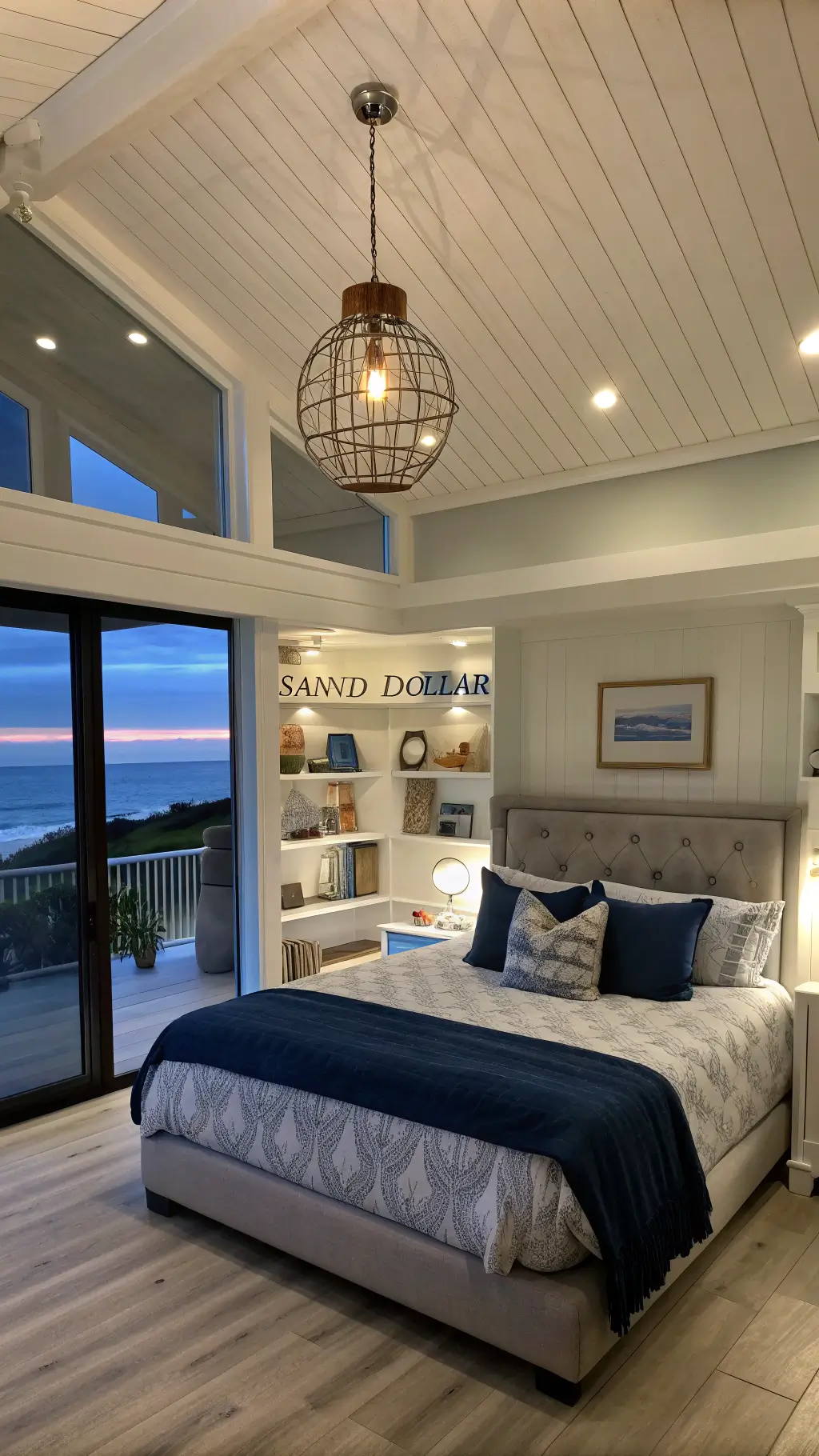 Twilight view of a modern beach retreat with a brushed nickel and seeded glass pendant over a queen bed covered in 'Sand Dollar' fabric and navy and sage throw pillows; floating shelves featuring coastal artifacts in white, clear glass and natural wood.