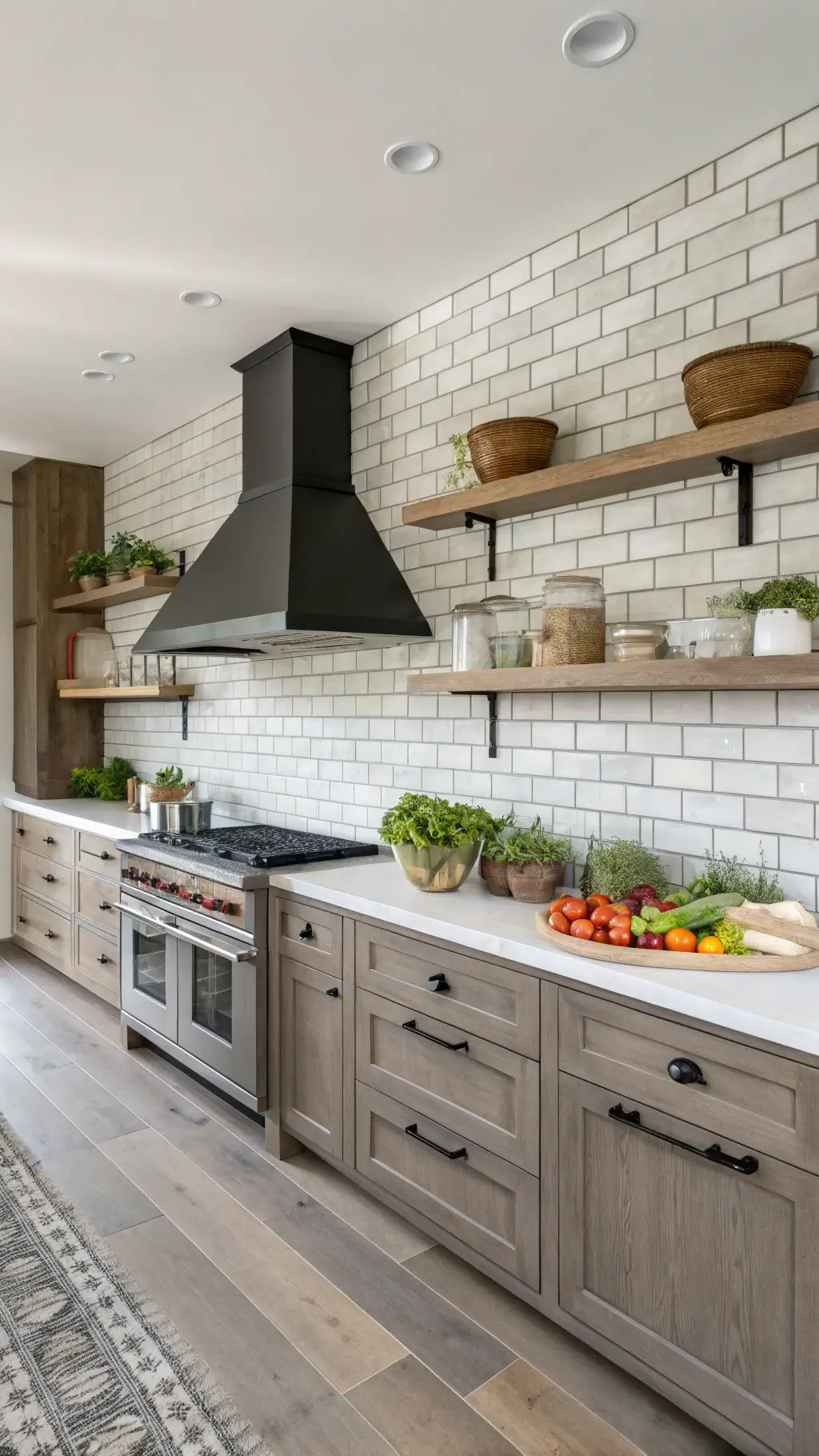 Midday view of a modern country styled 18x22ft kitchen with grey-washed brick backsplash, white oak floating shelves displaying minimalist pottery, a matte black range hood and fresh produce in wooden bowls. Bird's eye view reveals layout flow with even, natural lighting emphasizing clean lines.