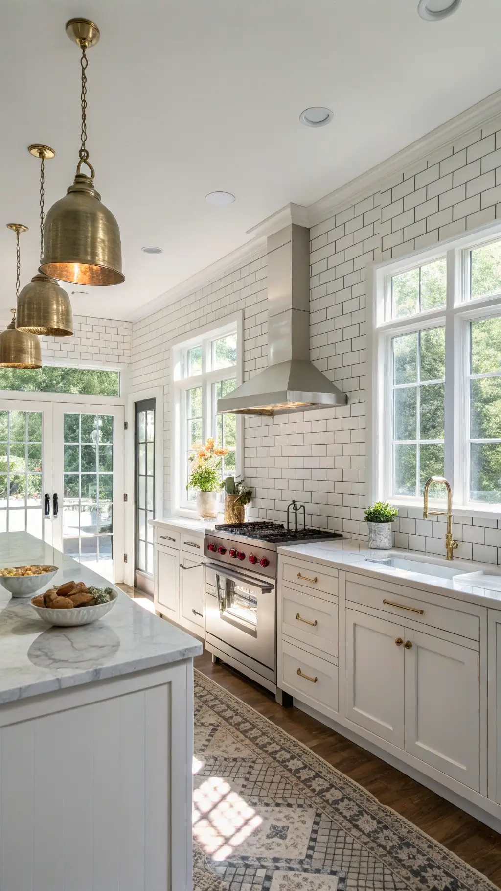Bright modern kitchen with white subway tile walls, marble countertops, stainless steel appliances, and brass pendant lights over central island, embellished with fresh herbs in copper pots and a marble pastry board with scattered flour.
