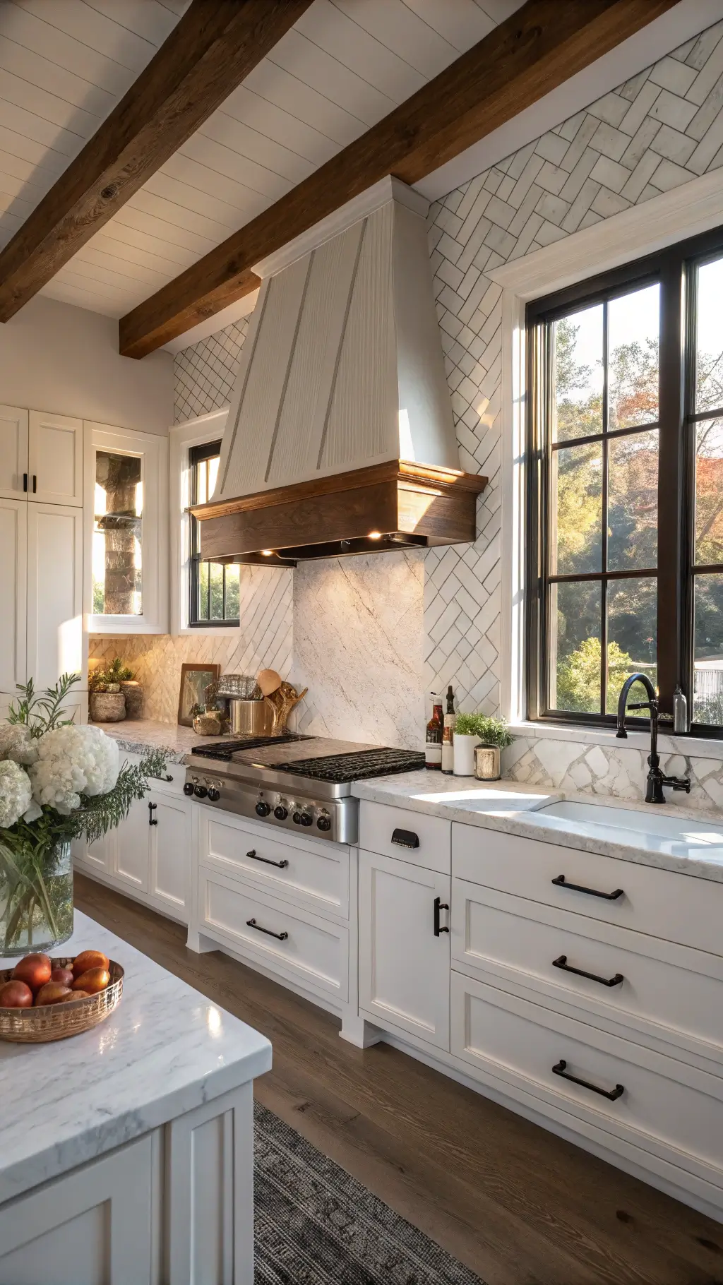 Luxurious kitchen with white marble herringbone backsplash, exposed wooden beams, white shaker cabinets with matte black hardware, and vintage copper cookware, bathed in golden hour light.