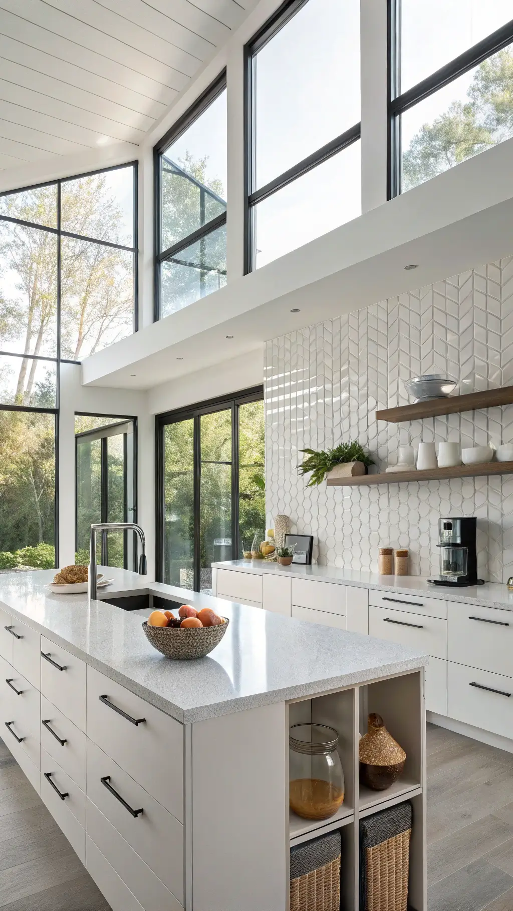 Contemporary white kitchen with floor-to-ceiling glass tile backsplash, minimalist cabinets, waterfall quartz island, and floating shelves, illuminated by afternoon light from double-height windows.