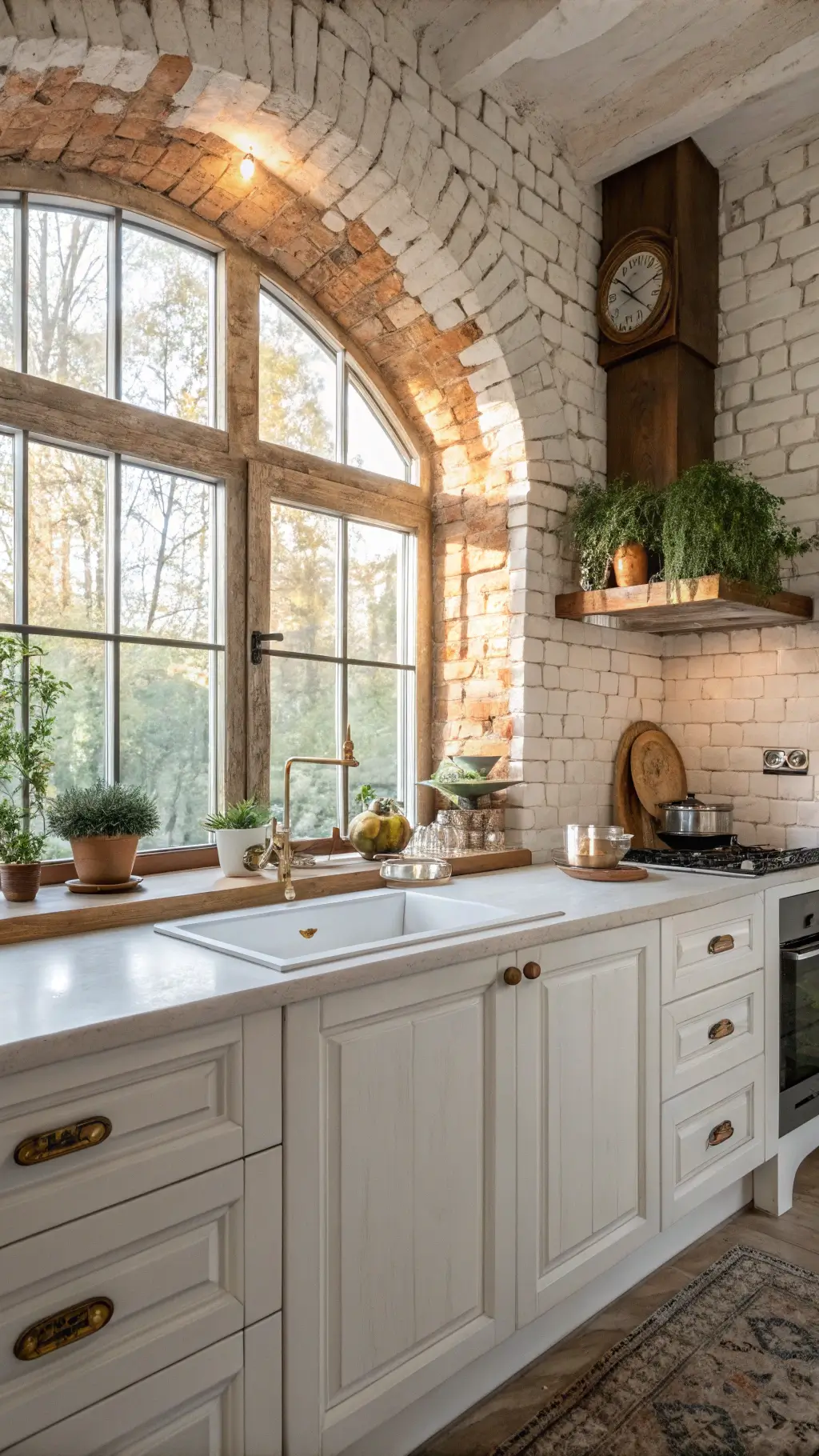 Farmhouse-style kitchen with white zellige tile backsplash, exposed brick arch over stove, distressed cabinets with brass pulls, and antique accessories in natural morning light