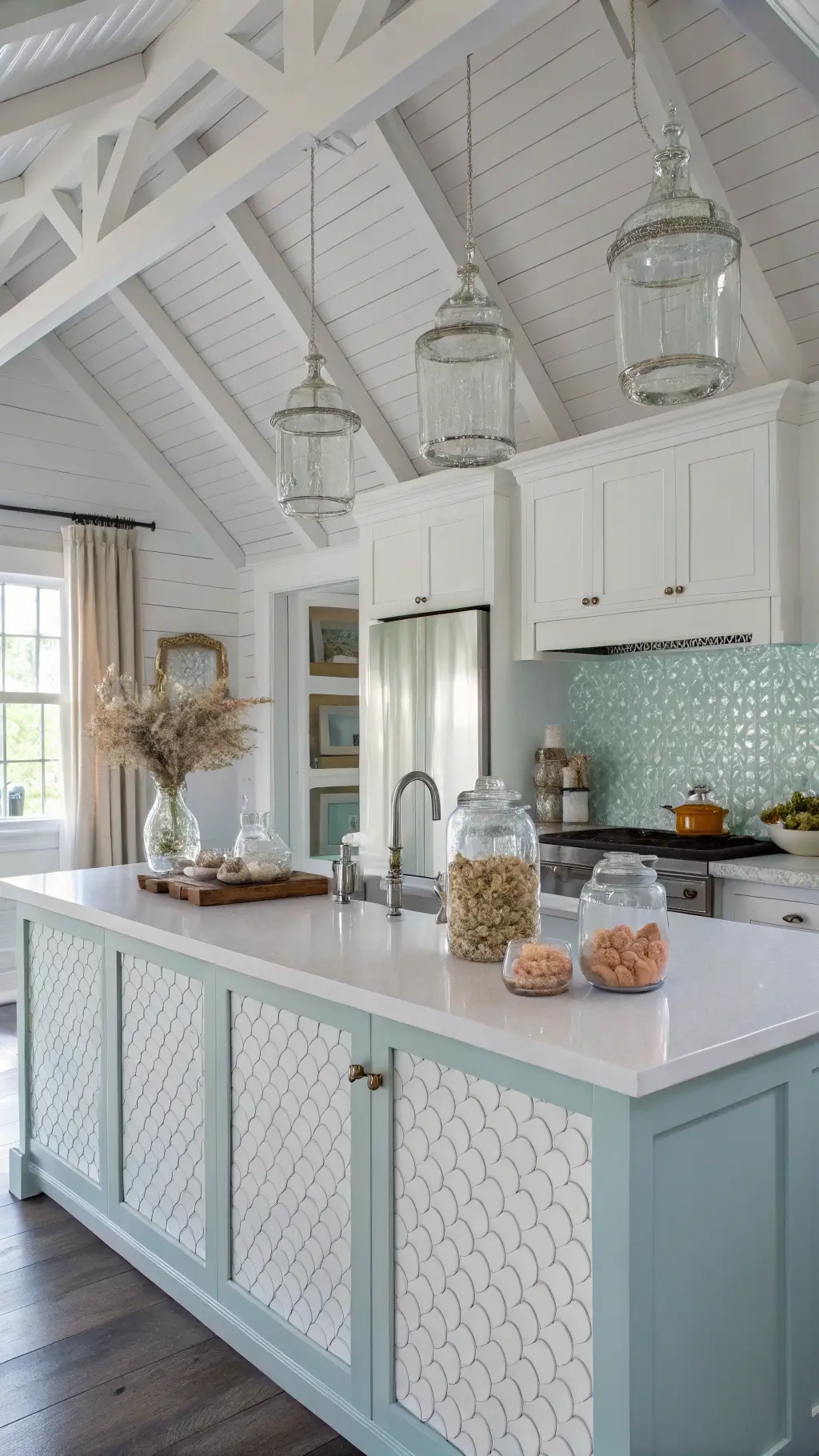 Cathedral ceiling kitchen with white penny tile backsplash in wave pattern, pale blue island base, glass canisters, driftwood accents, white coral specimens, and natural light from gauzy curtains.