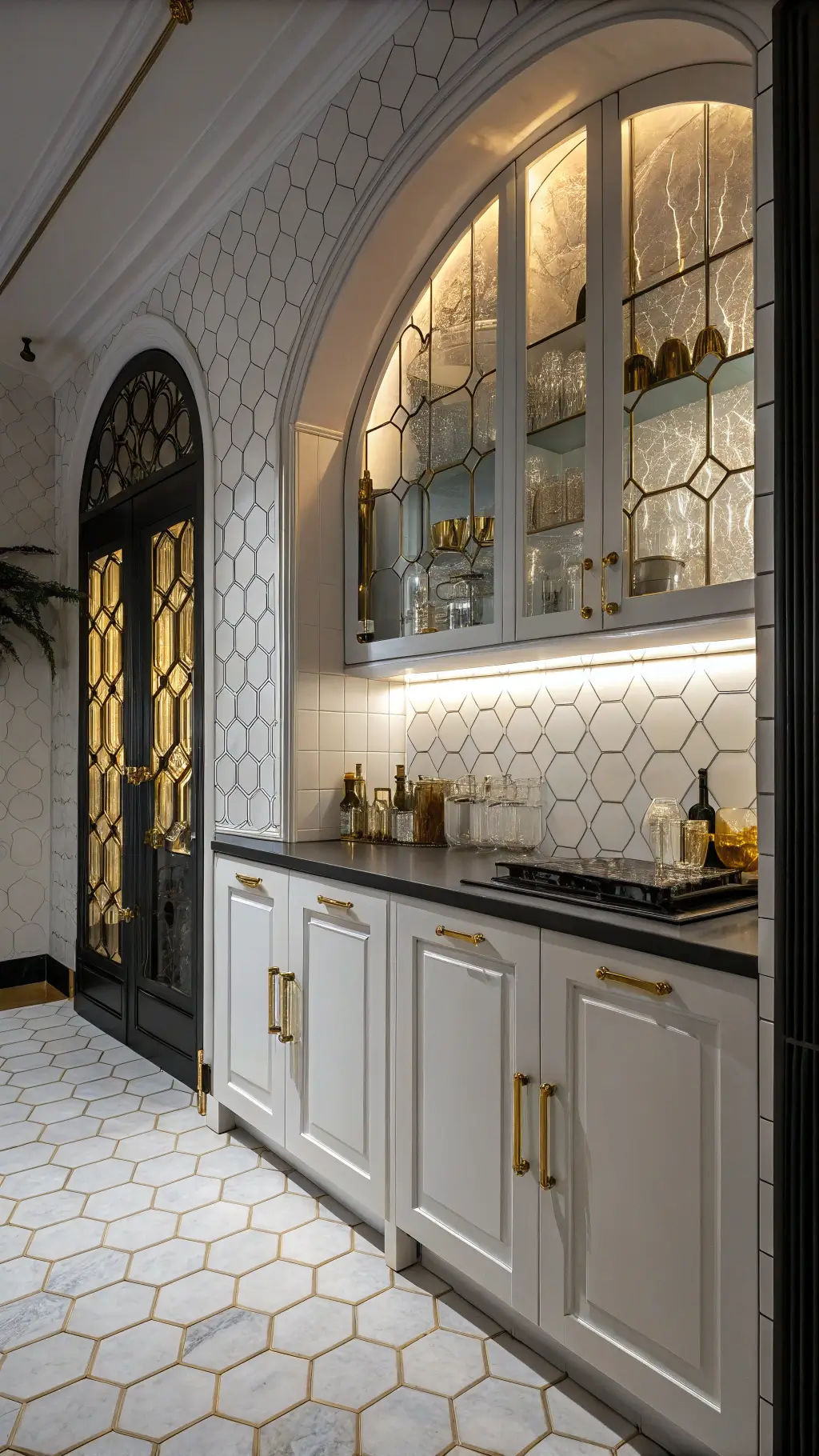Art deco kitchen with white hexagonal tiles, gold grout, arched doorways, detailed millwork, black and gold hardware on white cabinetry, accent lighting, crystal decanters, gold-rimmed glassware, and vintage bar tools, under evening lighting.