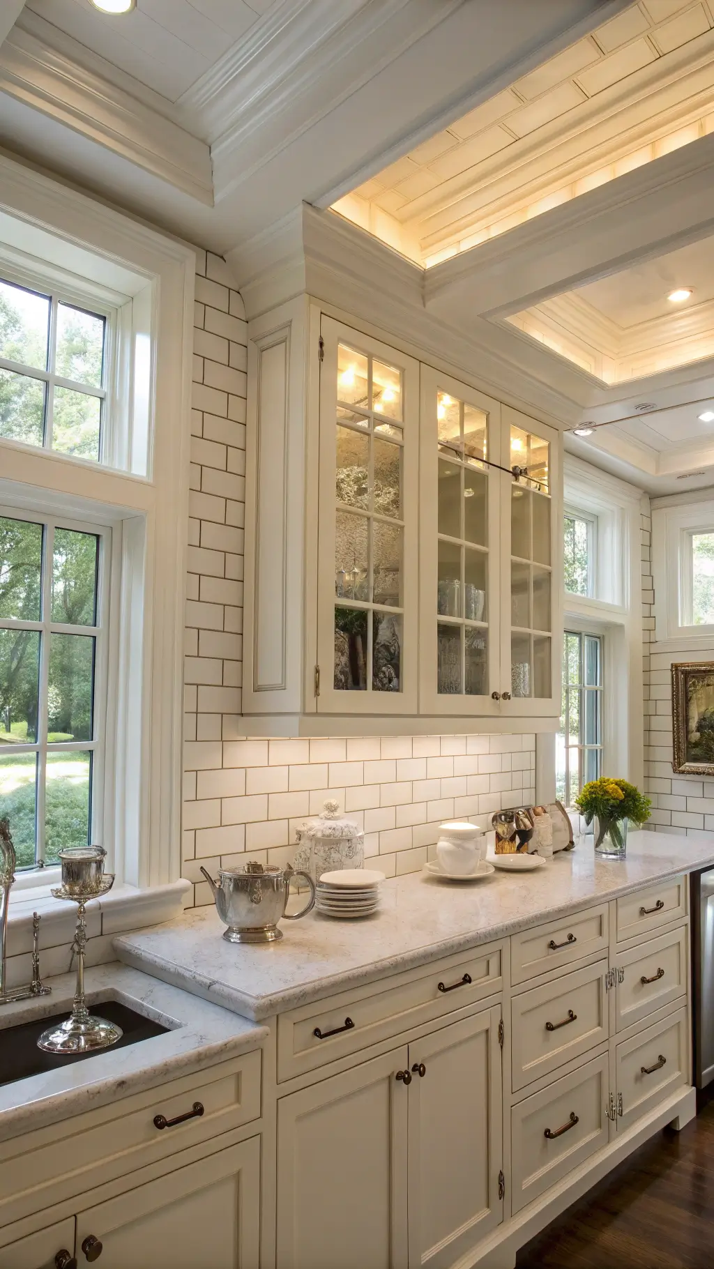 Traditional white kitchen with custom cabinets, bay windows, coffered ceiling, and styled with silver tea service and white ironstone collection