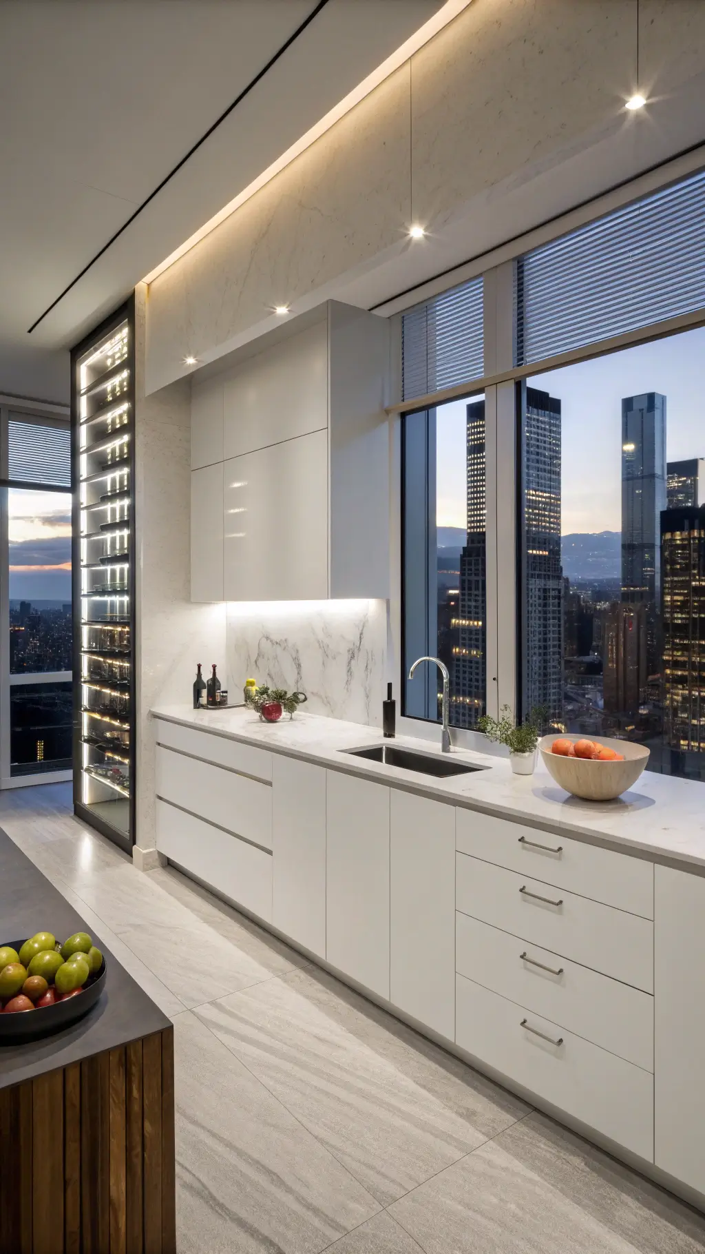 Ultra-modern kitchen at night with white porcelain slabs, double-height windows, floating cabinetry, spotlighting, and artful decorations.