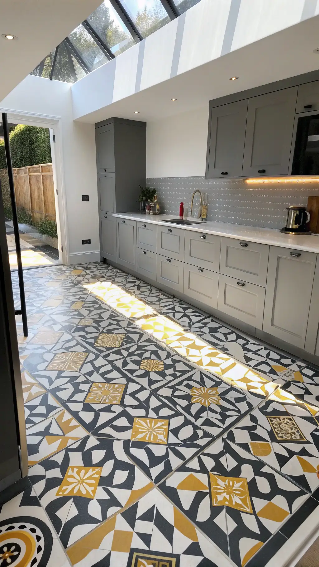 Top-down view of a contemporary 16x18ft kitchen with geometric cement tiles in black, white, and gold, minimalist cabinets in anthracite grey, and morning sunlight streaming through skylights.