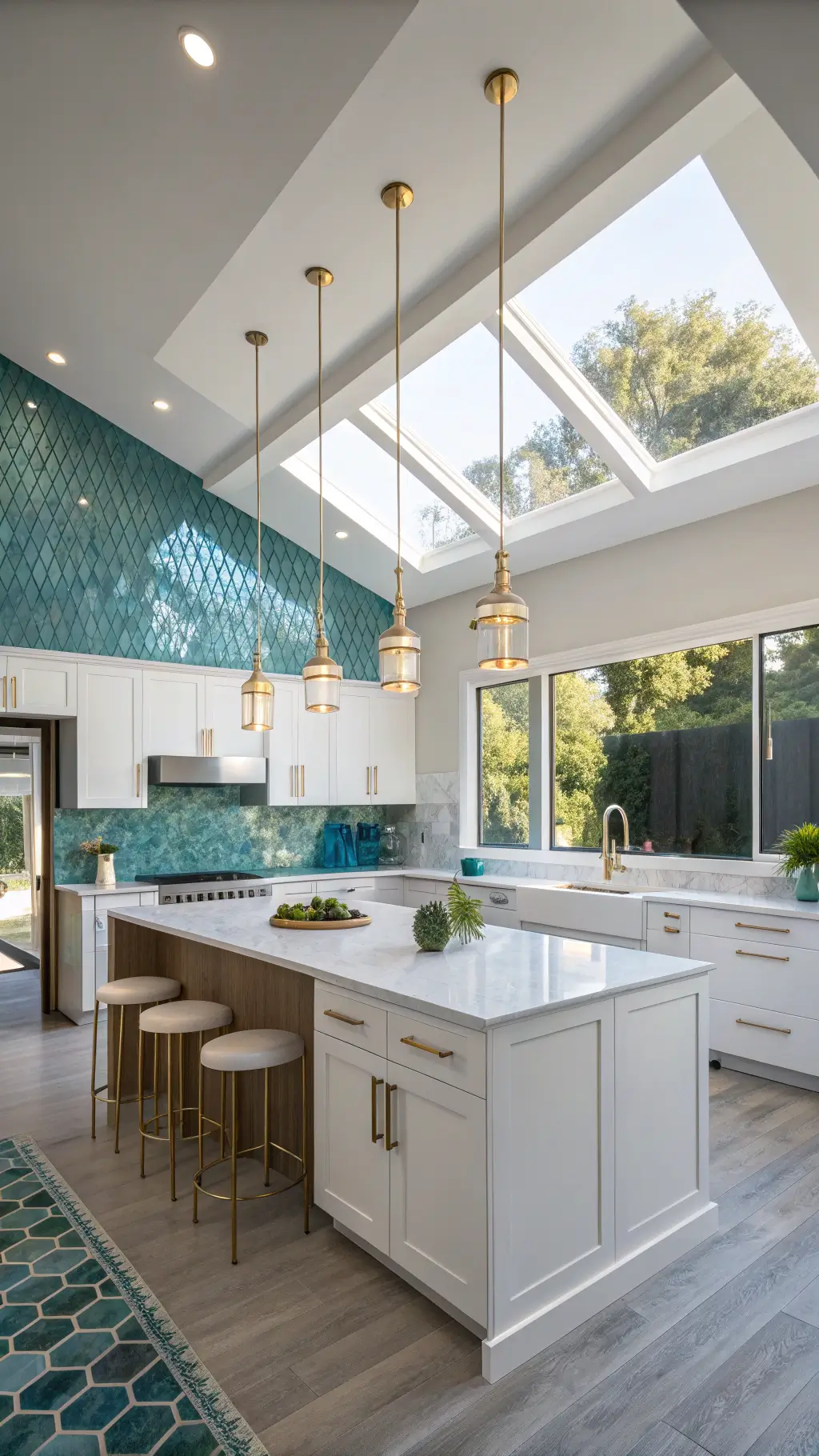 Modern kitchen with high ceilings, iridescent glass mosaic backsplash in blue tones, white quartz waterfall island, westward facing windows reflecting the sunset, and minimal cream and sage ceramics; captured at a low angle emphasizing the verticality of the space.