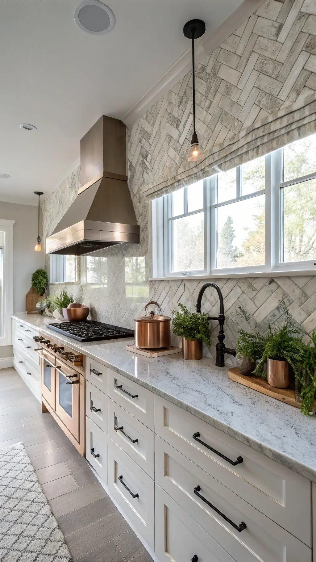 Galley kitchen with herringbone marble mosaic backsplash in soft morning light, sheer roman shades, matte black fixtures, and copper cookware