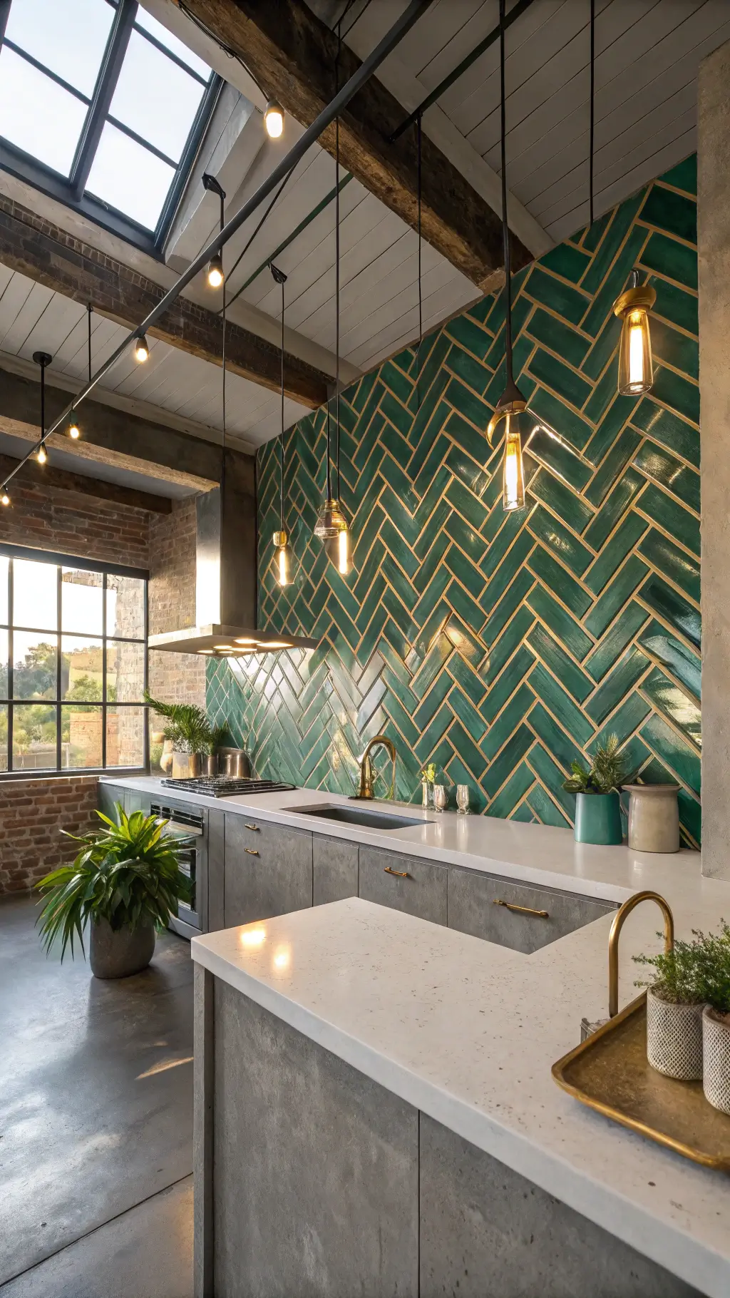 Open-concept kitchen with high ceilings, emerald green and gold chevron glass mosaic backsplash, concrete counters, brass fixtures and potted plants in the dawn light.