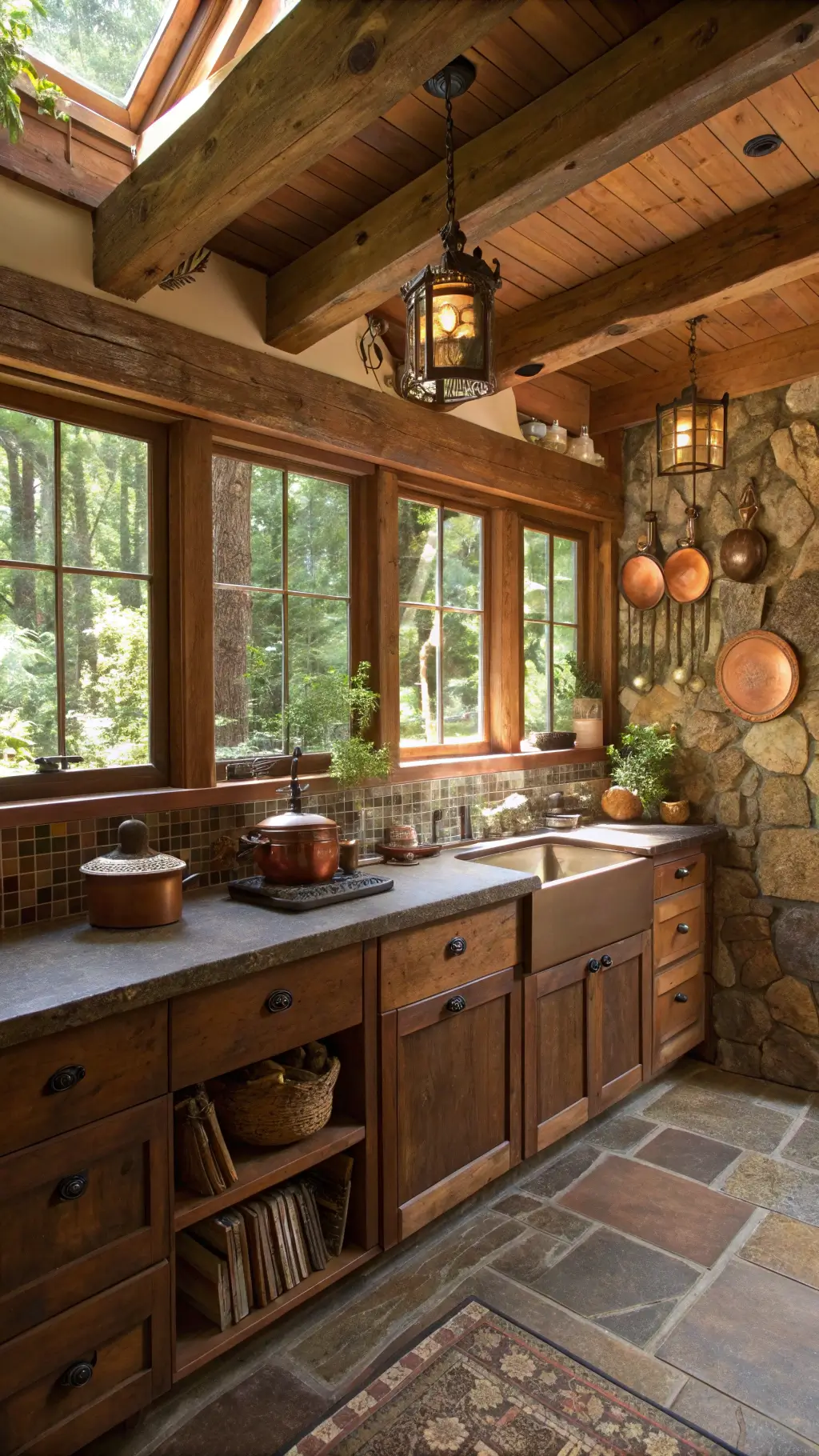 Cozy craftsman kitchen with original wood beams, ceramic mosaic backsplash, soapstone counters, vintage copper pots and wooden utensils in dappled afternoon light.