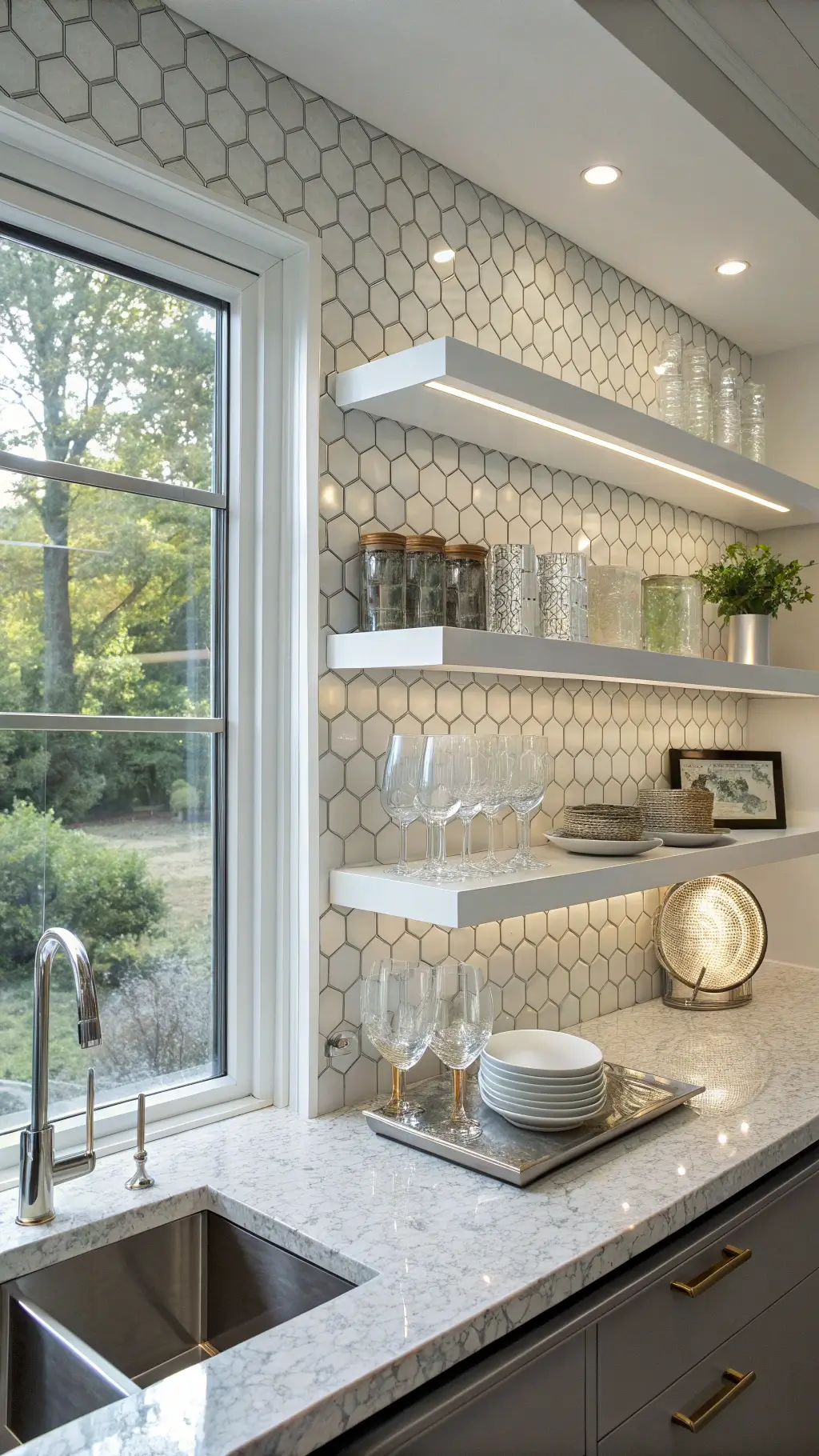 Modern minimalist kitchen with double-height windows and metallic hexagon mosaic in platinum and pearl, diffused natural light, floating white shelves, and ambient LED glow