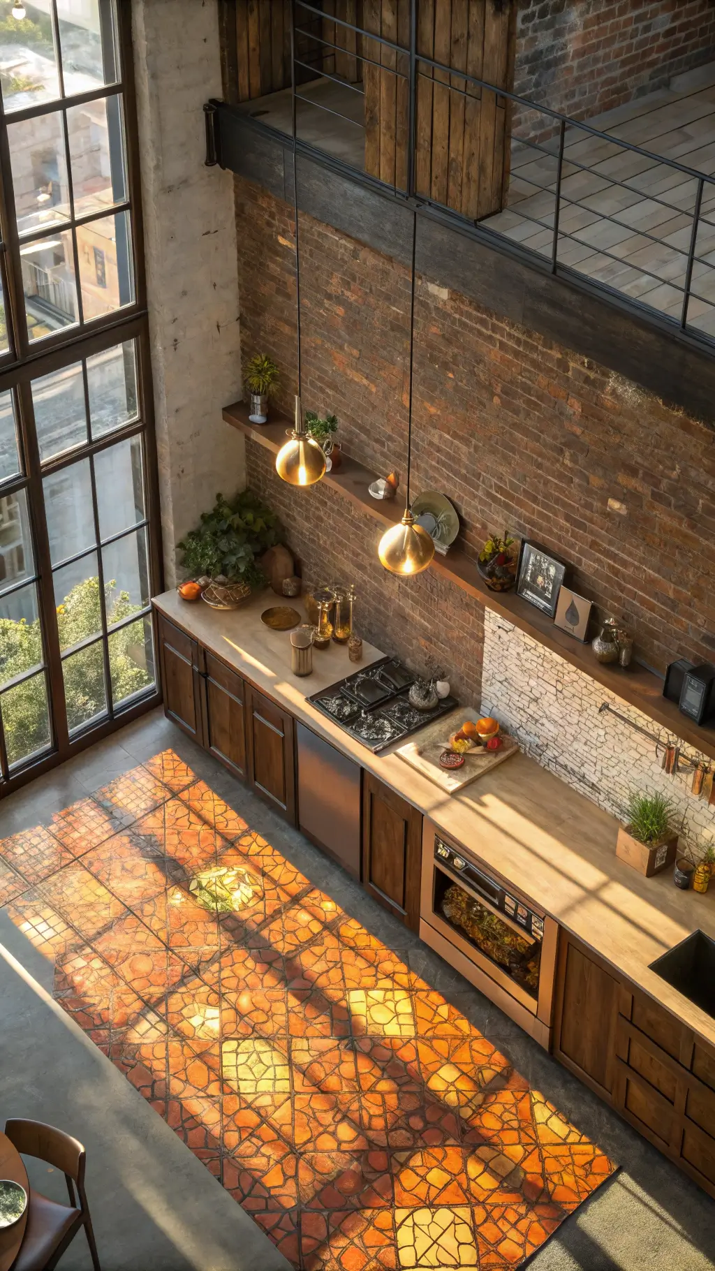 Overhead view of a contemporary loft kitchen with exposed brick walls, iridescent glass mosaic in sunset hues, walnut open shelving, and dramatic afternoon shadows, accentuated by track lighting and styled with brass and amber glass accents.