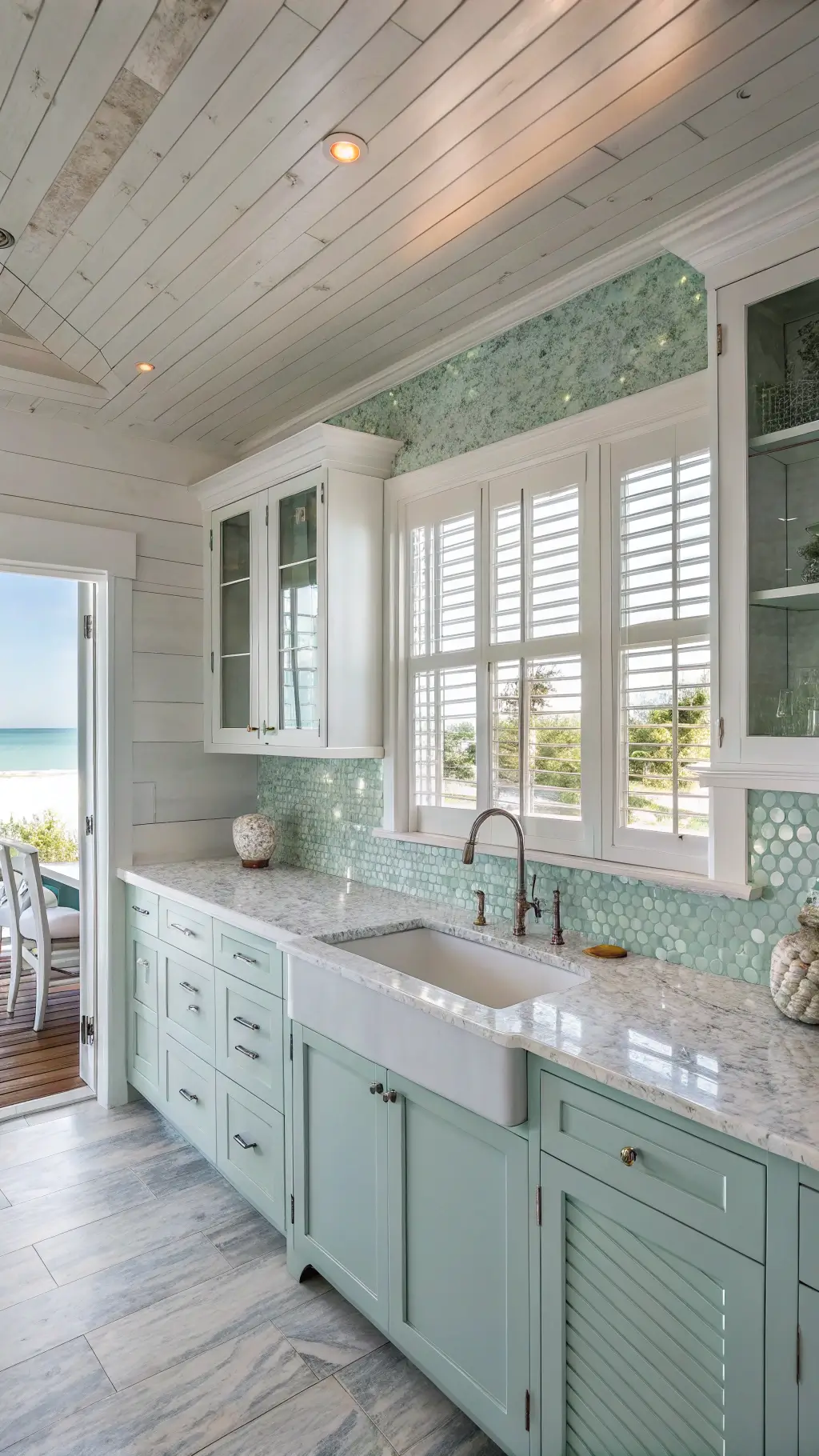 Coastal cottage kitchen with shiplap ceiling, mother-of-pearl and glass mosaic, marble counters, and shell decor under morning mist