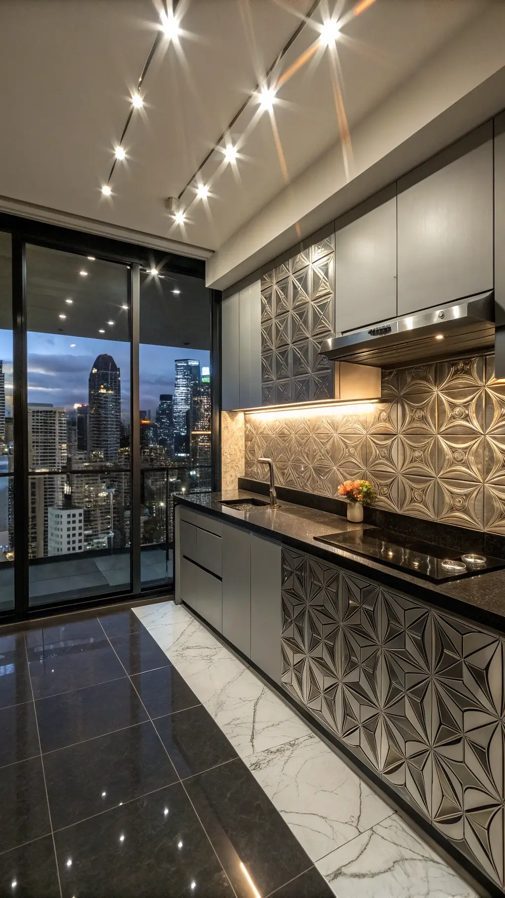 Night view of an urban apartment kitchen with city views, featuring metallic starburst mosaic pattern, black granite surfaces, ceiling spots, and LED strips, styled with smoked glass and steel accents
