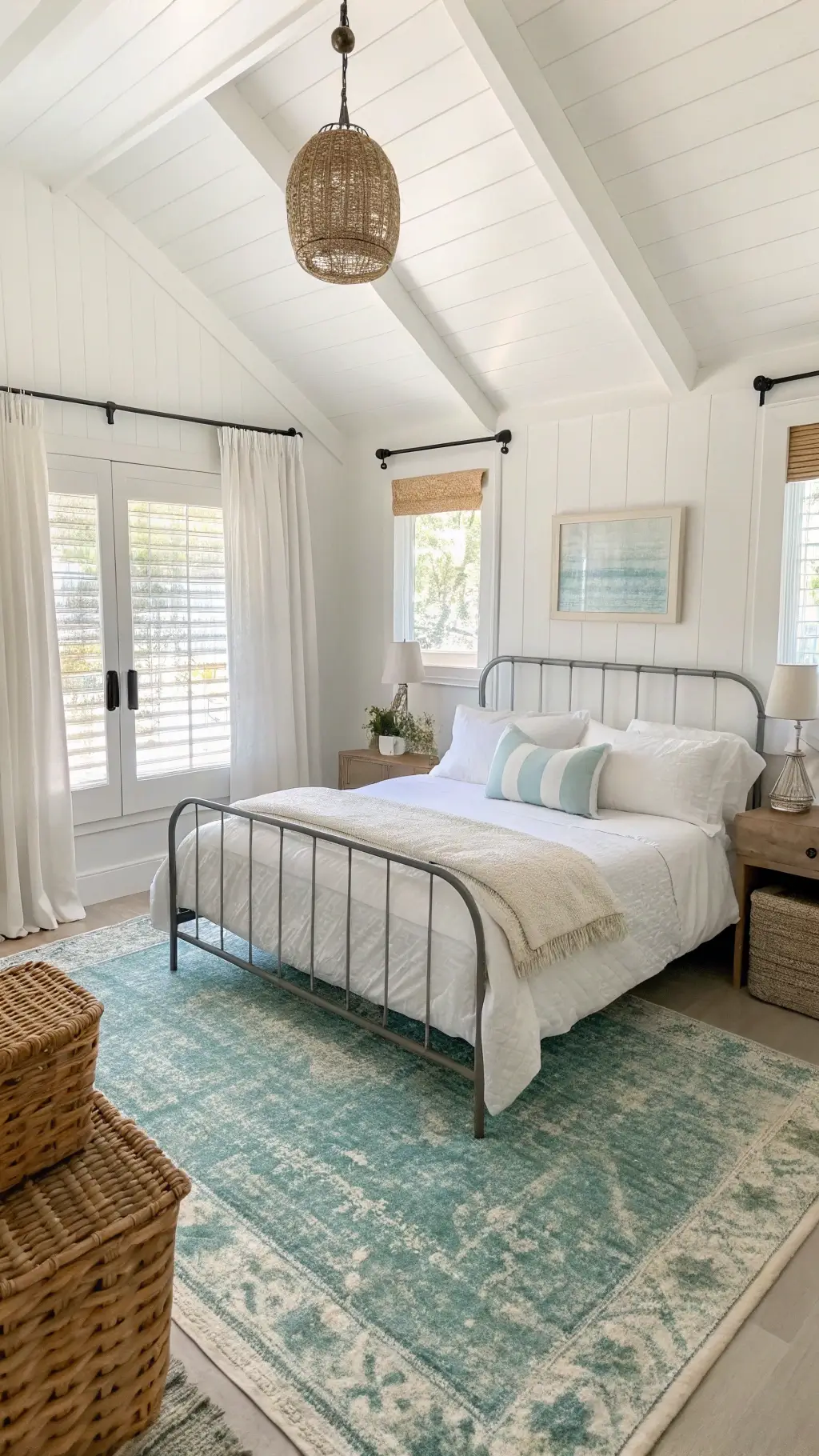Elevated view of a bright coastal guest room with pearl-white walls, minimal metal bed with cloud-white and sea glass blue linens, vintage aqua rug, rattan storage baskets, and sheer white curtains over plantation shutters.