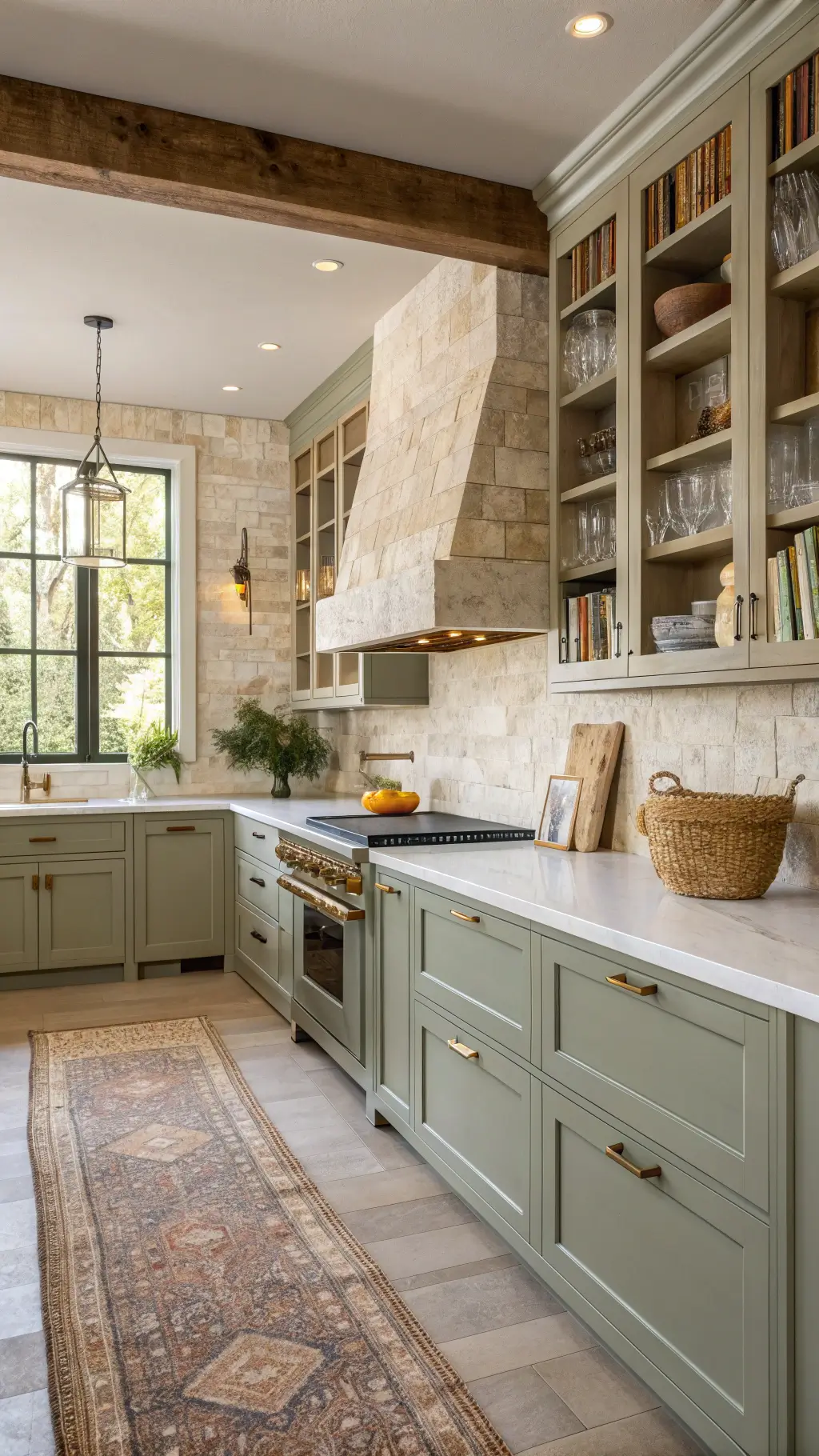 Elegant kitchen with cream limestone backsplash, white oak shelves illuminated by brass lights, marble countertops, sage green cabinets, and textured baskets, with a potted olive tree in the corner.