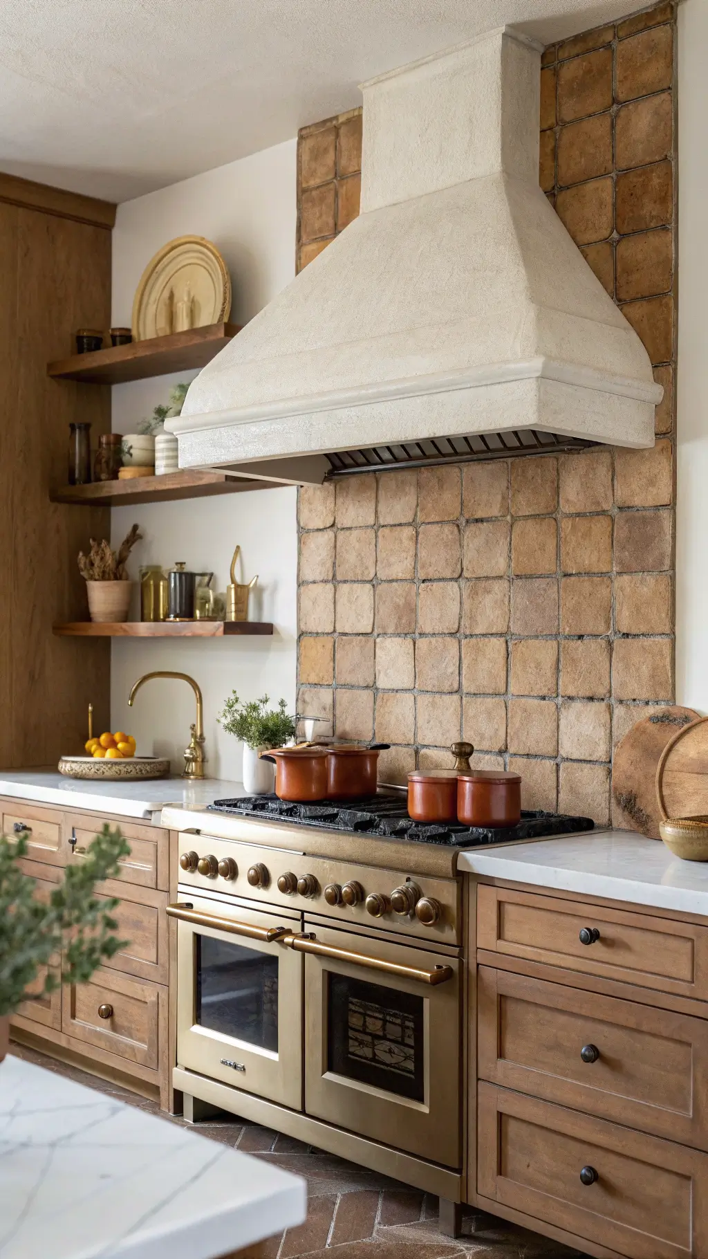 Detail-oriented frame of an intimate kitchen with warm clay toned zellige tiles, plaster range hood, walnut open shelving, brass fixtures, and vintage breadboard collection.