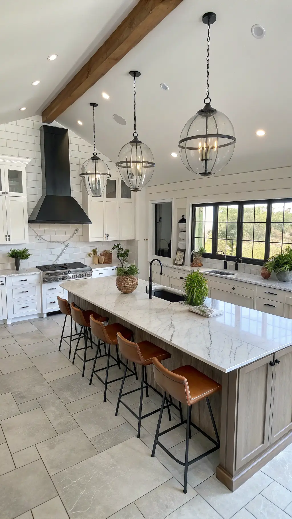 High angle view of a contemporary farmhouse kitchen with large-format marble tile backsplash, minimalist black metal hood, white oak cabinets, concrete counters, and leather barstools. A cluster of glass globe pendants hangs above the stylish island adorned with modern planters holding fresh herbs, basked in clean morning light.