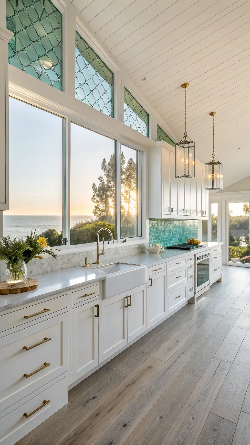 Sunny coastal kitchen with white cabinets, seafoam green glass tile backsplash, quartz countertops, and oak floors, shot on 50mm f/1.8 camera lens