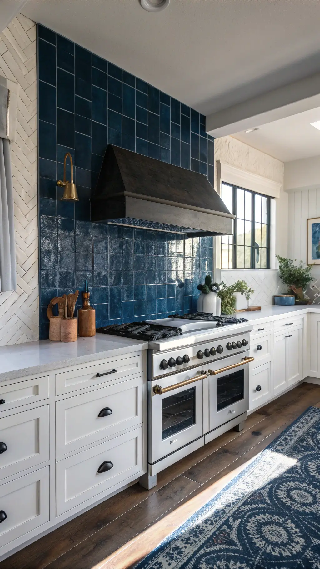 Modern farmhouse kitchen featuring deep blue Mediterranean zellige tile backsplash, white cabinetry, matte black fixtures, and morning light filtering through cafe curtains.
