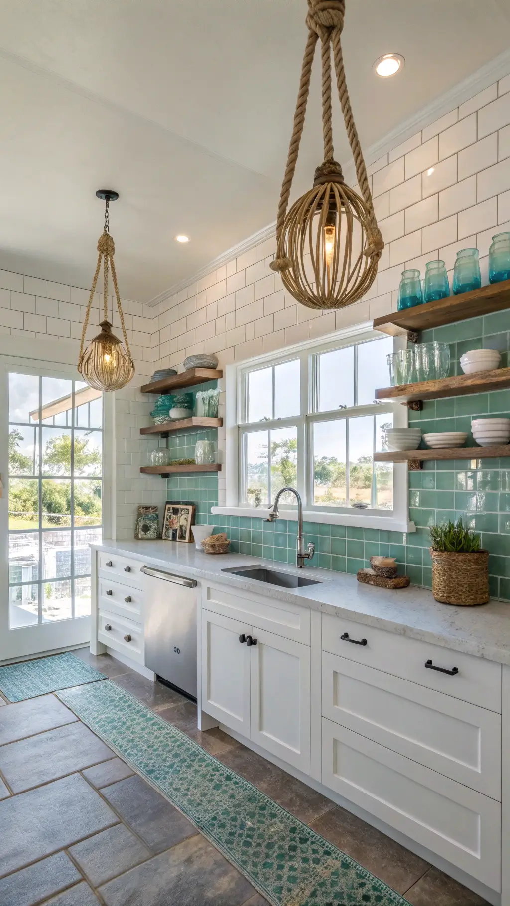 Airy beach cottage kitchen with aqua subway tiles and open sea glass shelving, lit by rope pendant lights and natural backlighting from windows.