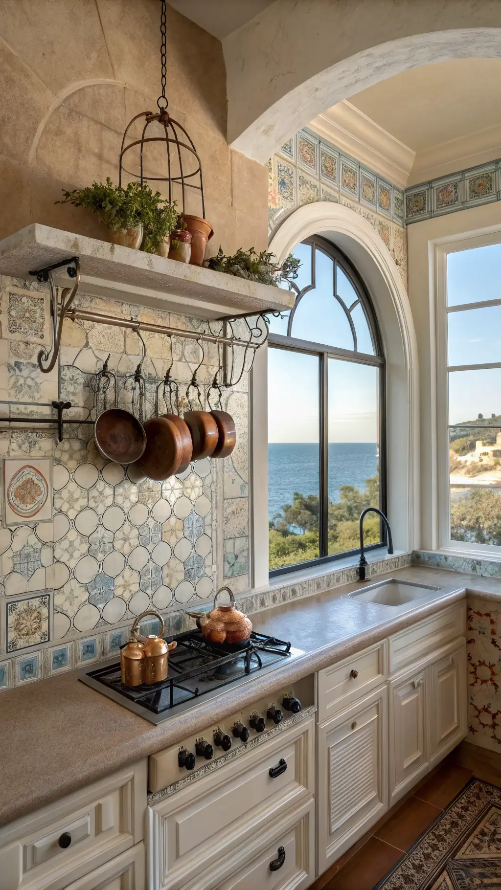 Mediterranean-style kitchen with ceramic tile backsplash and ocean view through arched window, copper pots hanging from iron rack, captured in early morning light from below counter height