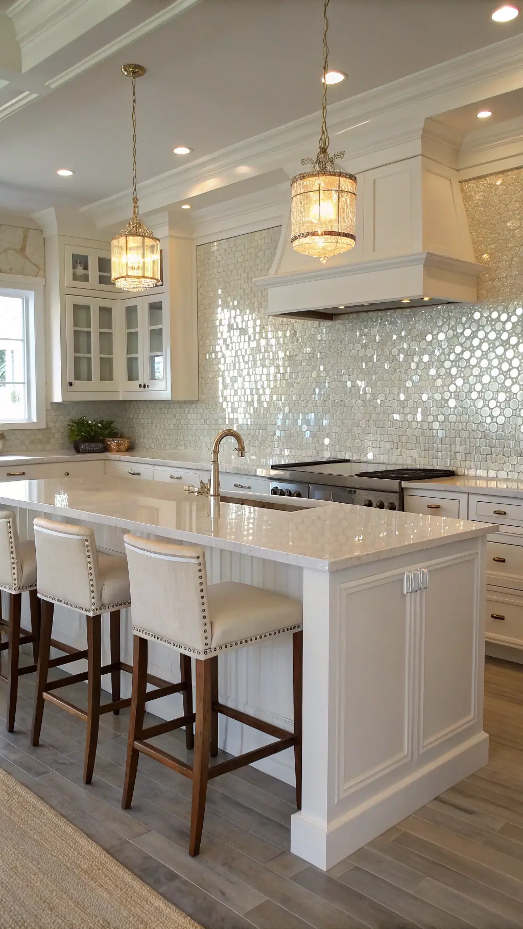 Transitional style beach house kitchen with mother of pearl mosaic tile backsplash, white oak island, and leather stools under afternoon sun