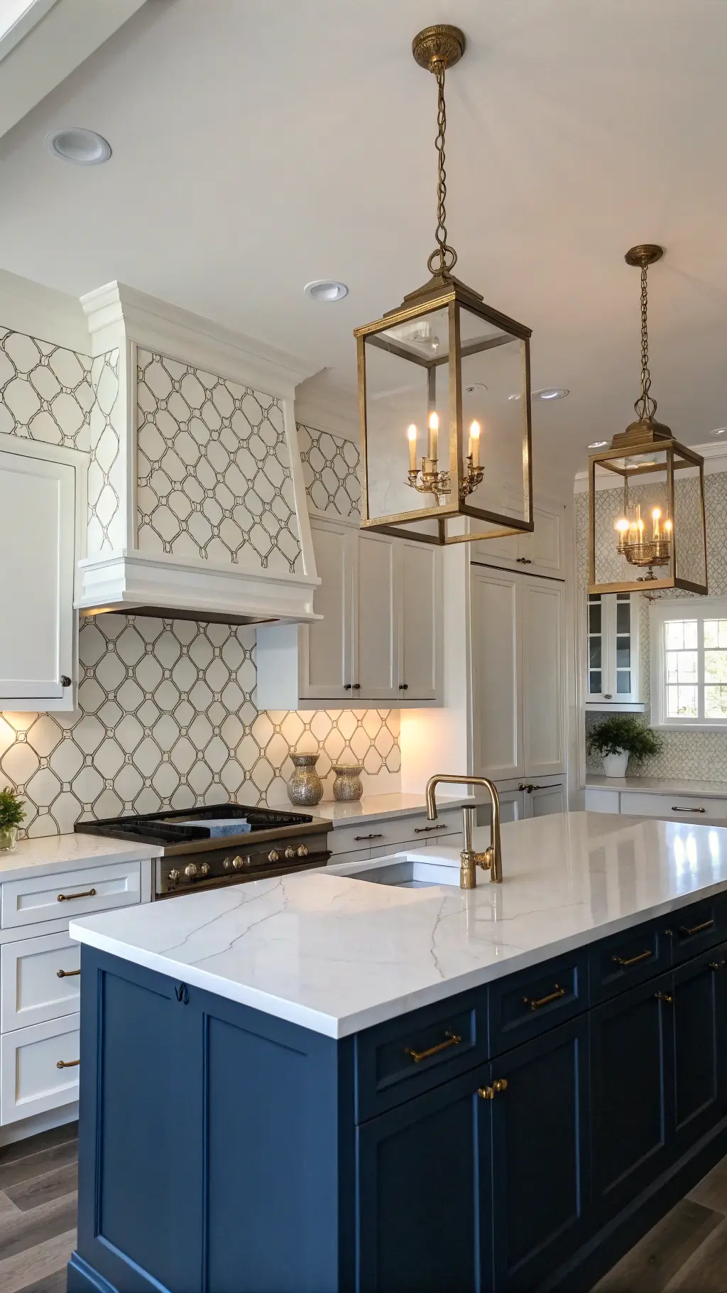 Coastal kitchen with white arabesque tile backsplash, brass lantern pendants, navy island base, and warm interior lighting from a 50mm lens perspective