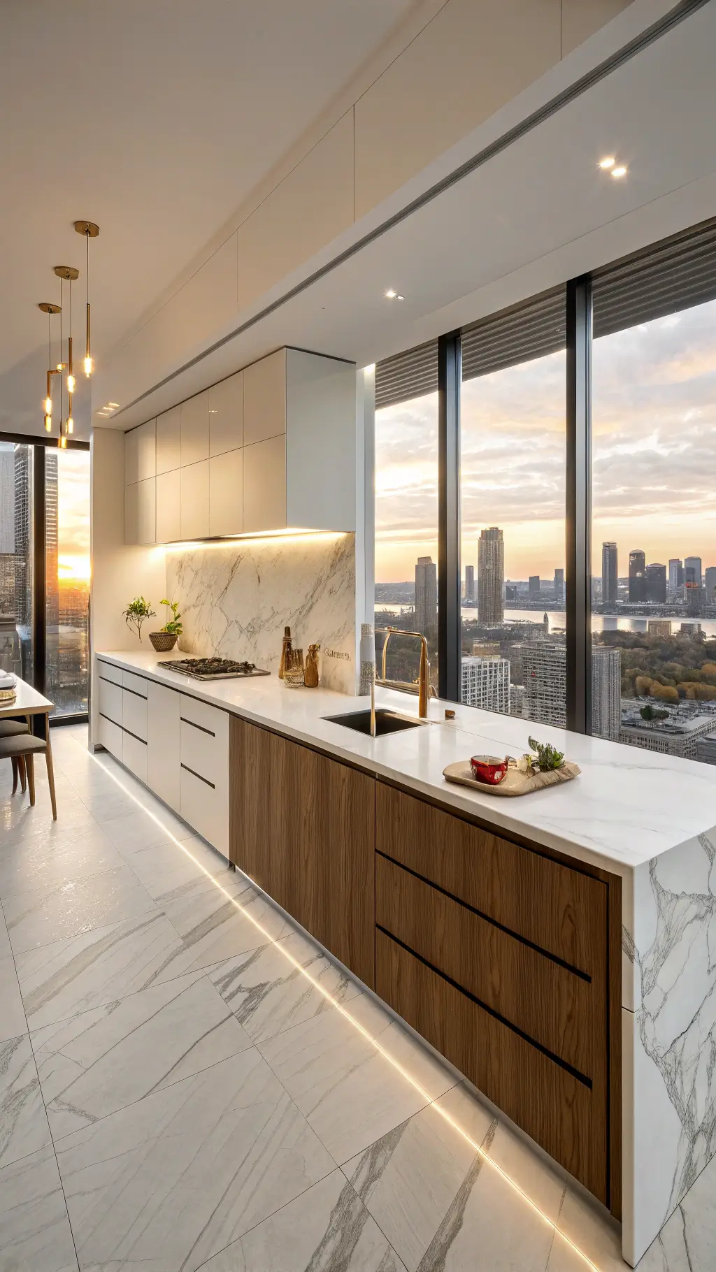 Sunset illuminating a contemporary open-concept kitchen with marble quartz backsplash, walnut cabinets, brass fixtures, and minimalist ceramic vases, emphasized by LED strip lighting and city views from double-height windows.