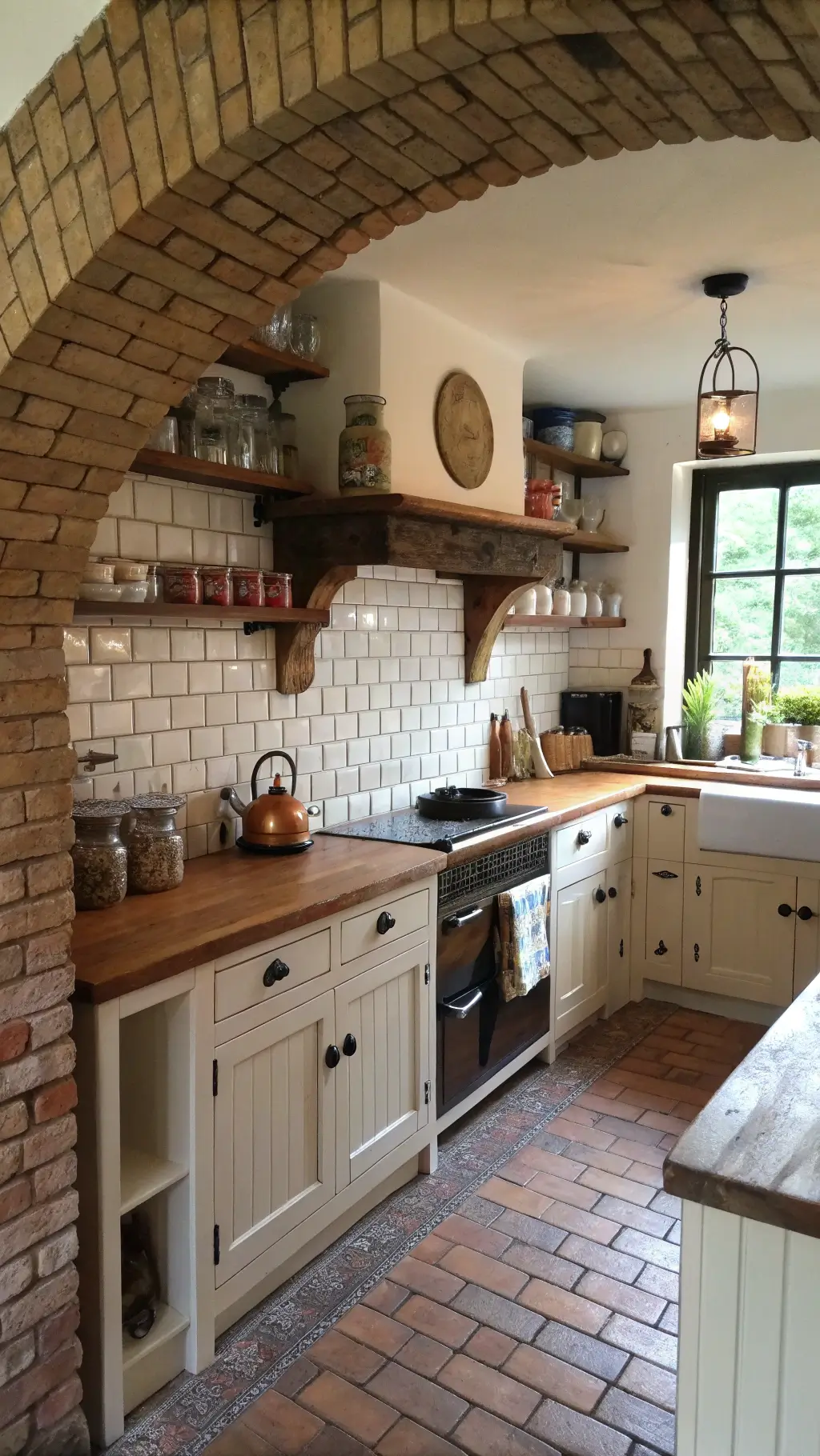Cozy cottage kitchen bathed in early morning light with cream ceramic penny tiles, brick cooking nook, open reclaimed wood shelving, butcher block counters and copper kettles under a skylight.