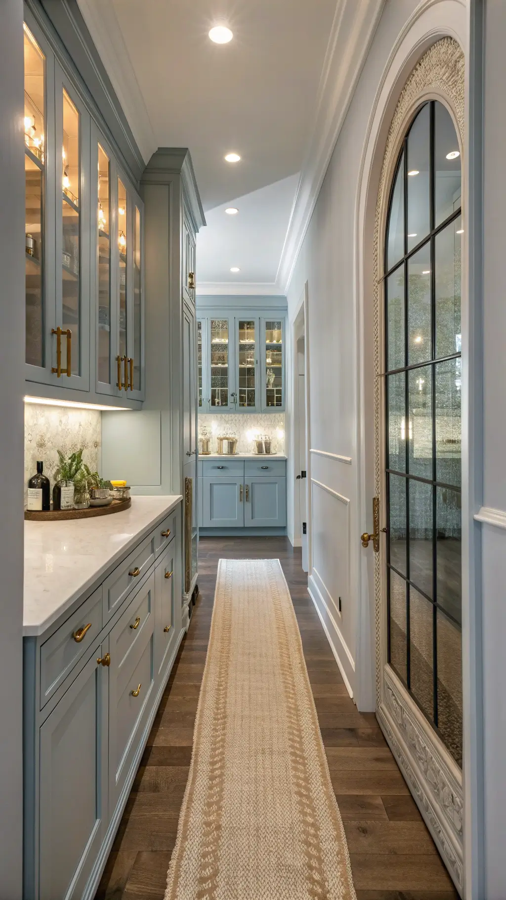 Butler's pantry twilight scene with pale blue floor-to-ceiling cabinets, antiqued mirror backsplash, illuminated upper cabinets, white oak countertop with vintage scale and glass canisters, sisal runner, shot straight-on for symmetry and depth.